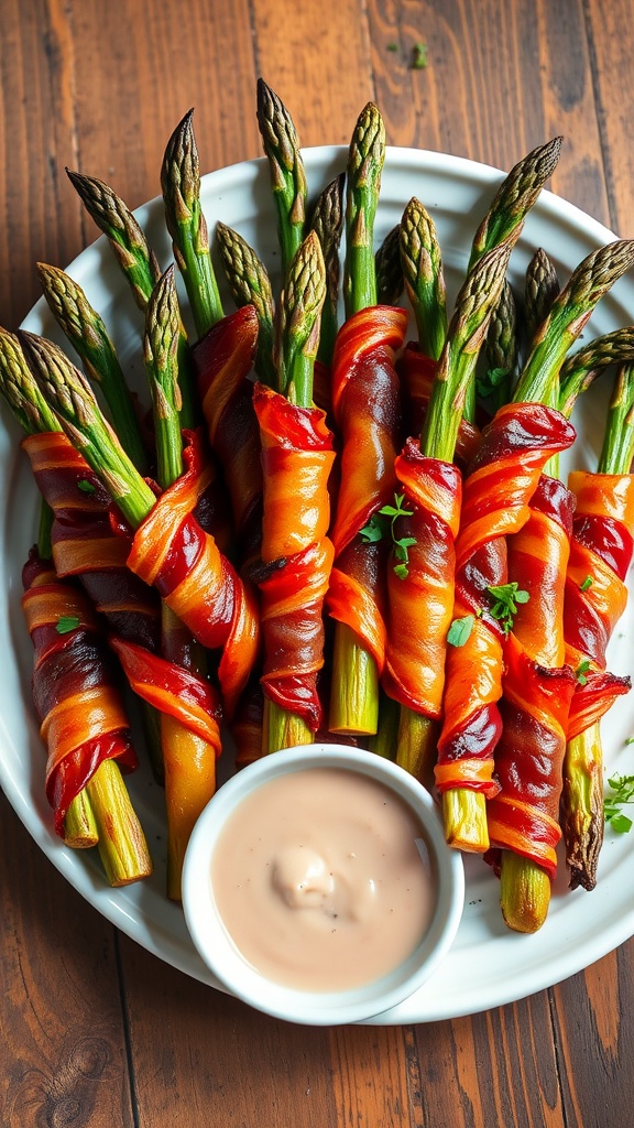 Crispy bacon-wrapped asparagus on a platter, garnished with herbs, with a dipping sauce on the side.